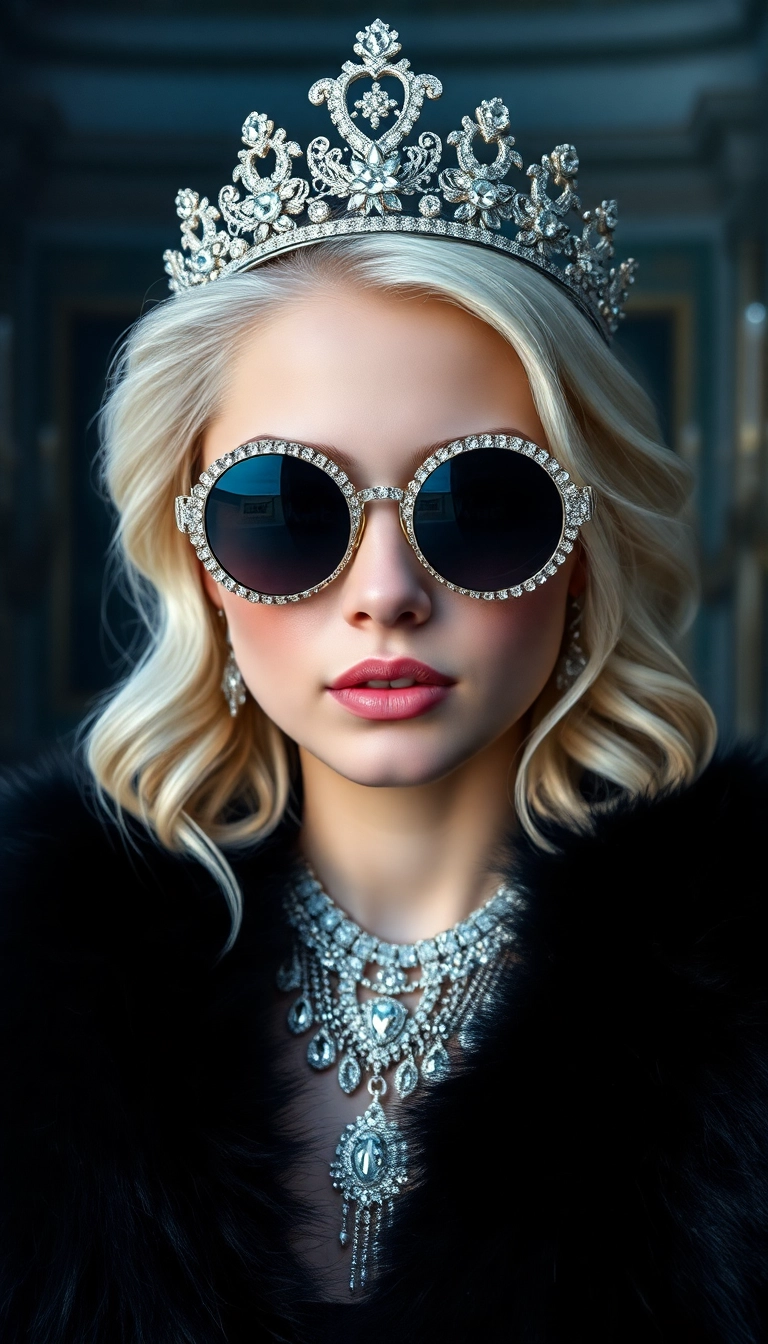 Best Beautiful AI Young Platinum Blonde Queen in Black Fur Phone Elegant Wallpaper
